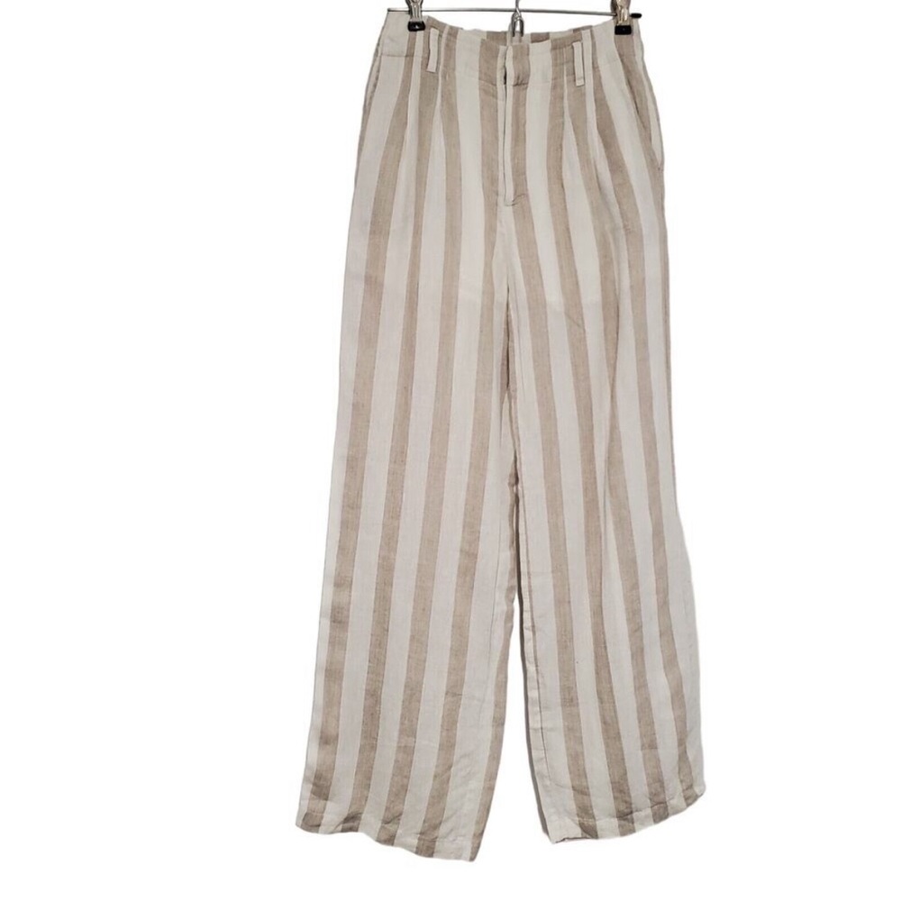 Sophie Rue Frankie 100% Linen Pants Wide Leg Pleated Women's XS White Tan Stripe